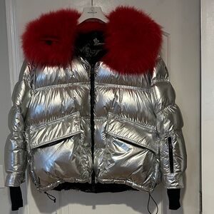 Moncler Silver Puffer Jacket with Red Fur Hood
